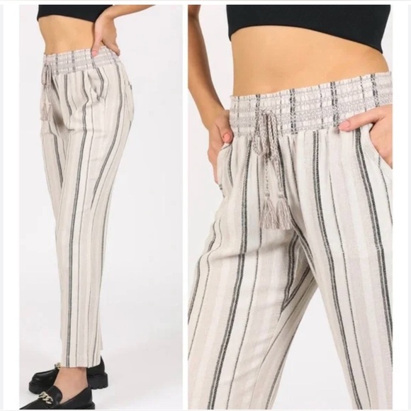 Sound/Style Women's Striped Smocked Waist Linen Pants size Large - Picture 10 of 10